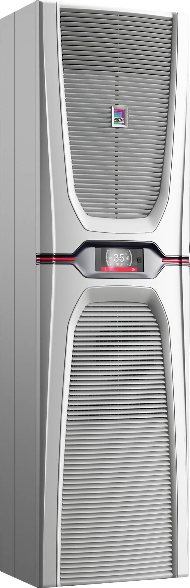 Egy modern, ezüstszínű légkondicionáló egység digitális hőmérséklet-kijelzővel, amelyen '25°C' látható, függőleges kialakítással és szellőzőnyílásokkal.