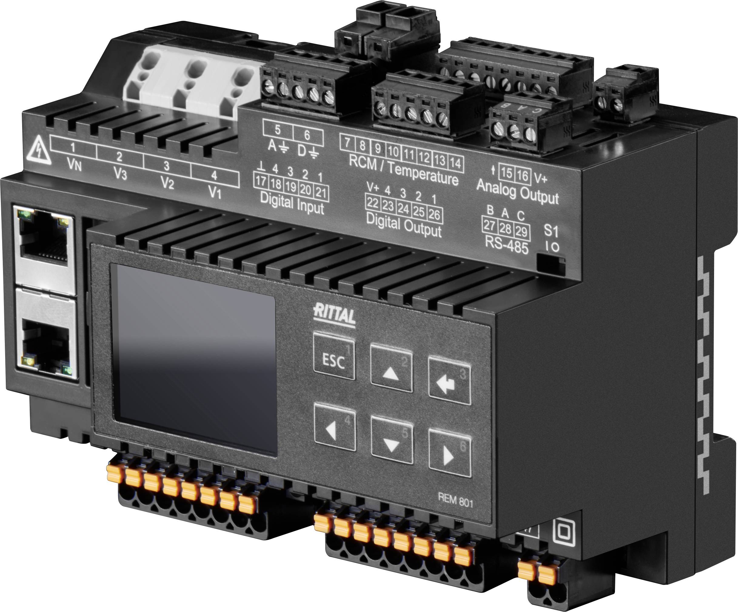Digitális kijelzővel rendelkező ipari vezérlőeszköz, 'Rittal' felirattal, csatlakozási portokkal és a navigációhoz és beállításokhoz szükséges gombokkal.