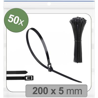 '50 db fekete nylon kábelkötegelő, 200 x 5 mm' átlátszó csomagolásban.