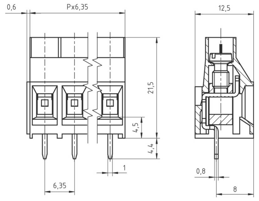 Elektromos csatlakozó műszaki rajza, amely elöl- és oldalnézetet mutat milliméteres méretekkel a pontos specifikációk megadásához.