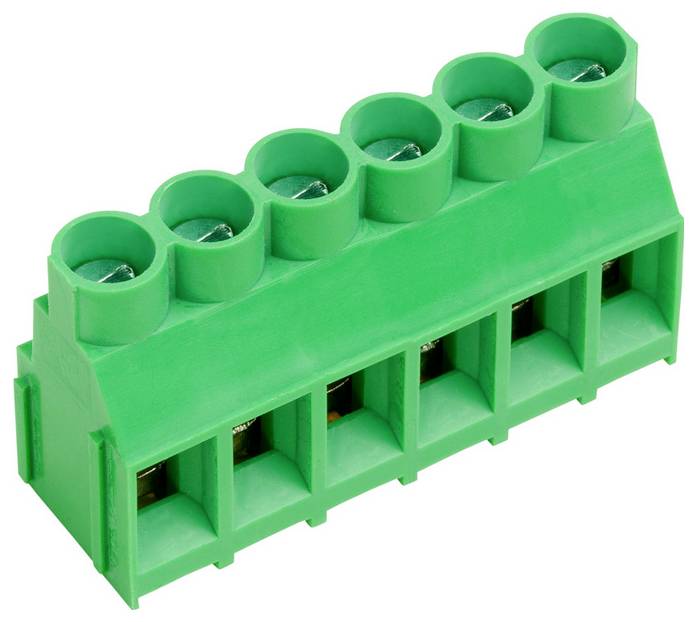 Zöld hat pozícióból álló kapocssor csavaros csatlakozásokkal a vezetékek rögzítéséhez, elektromos alkalmazásokban az áramkörök összekapcsolásához használt.