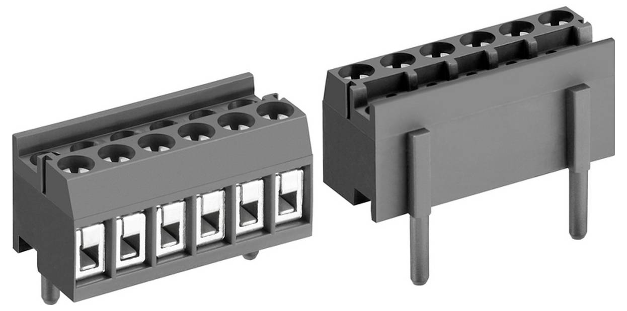 'Két szürke sorkapcsos csatlakozó, mindegyik több vezeték-csatlakoztatási nyílással, különböző szögekből ábrázolva.'