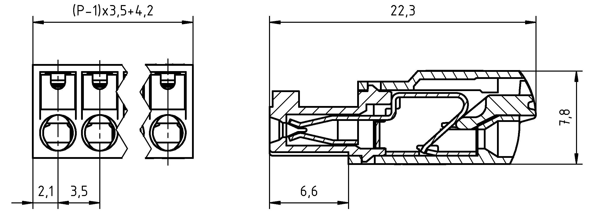 Mérnöki rajz egy háromcsapos elektromos csatlakozóról. Tartalmazza a méréseket: szélesség 2,1 mm, hosszúság 22,3 mm, magasság 7,8 mm.