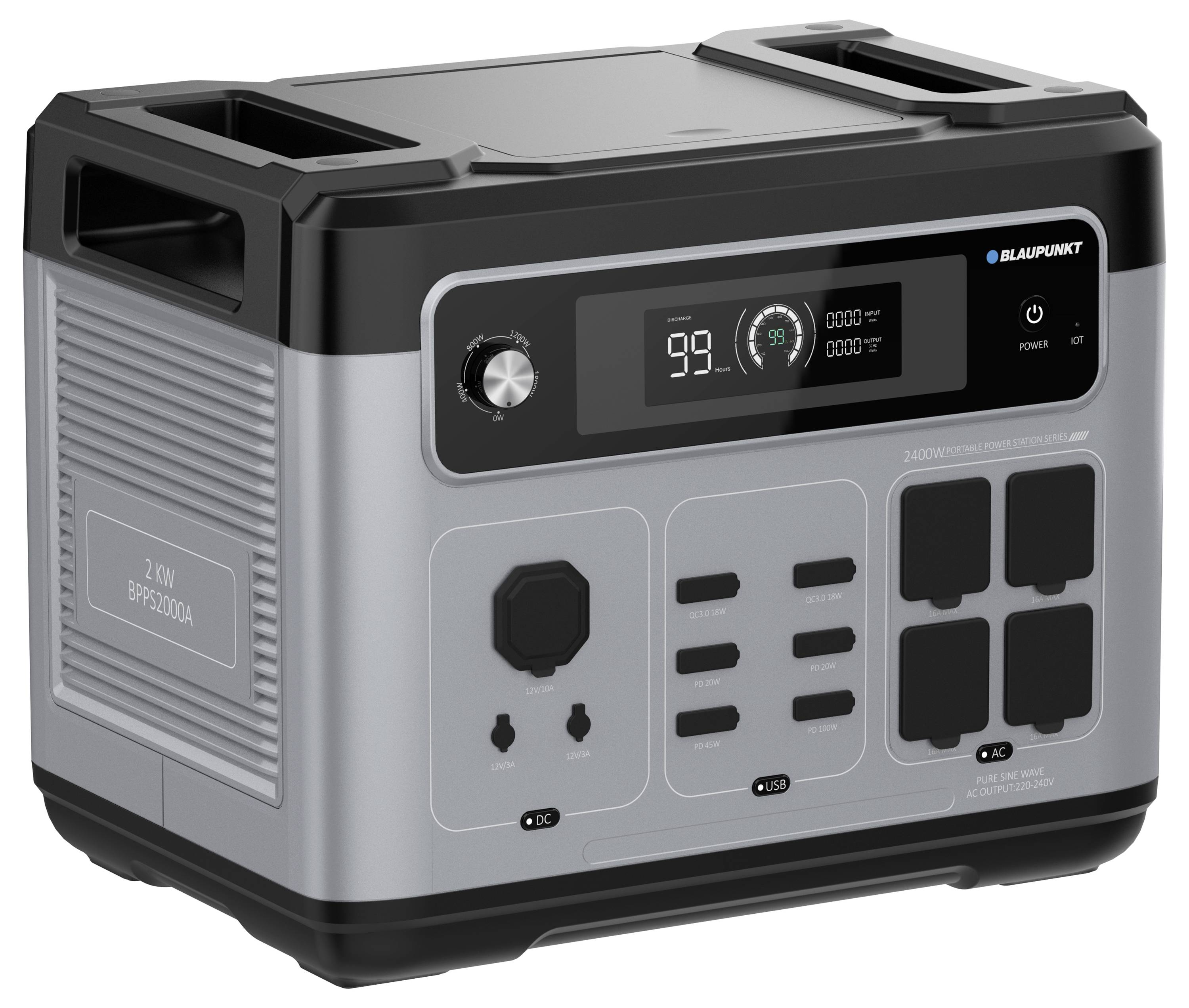 Egy hordozható akkumulátoros áramforrás digitális kijelzővel, amely '99%'-ot mutat, több csatlakozóaljzattal, fogantyúval, és egy márkalogóval a felső jobb sarokban.