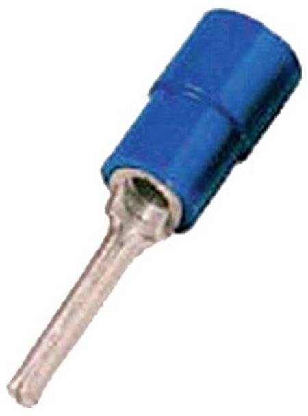 Egy kék szigetelt elektromos csatlakozó fém érintkezővel, amelyet drót beforrasztásához/rögzítéséhez terveztek.