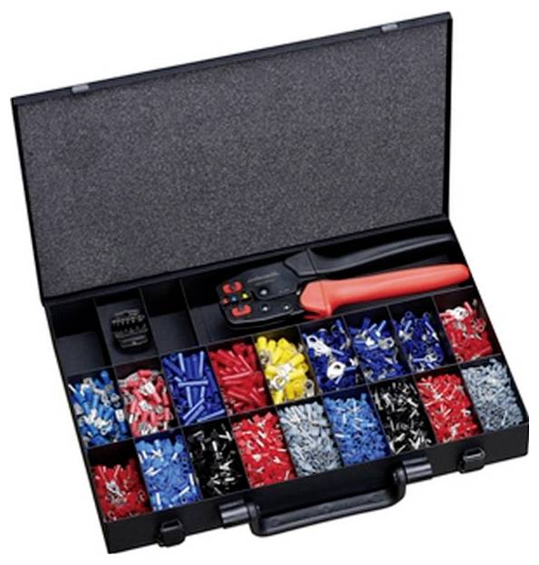 Nyissuk fel a fekete műanyag tokban lévő vegyes elektromos csatlakozókat, amelyek szín szerint rendszerezve vannak, beleértve a piros, kék, sárga és fekete csatlakozókat, valamint egy krimpelő szerszámot.