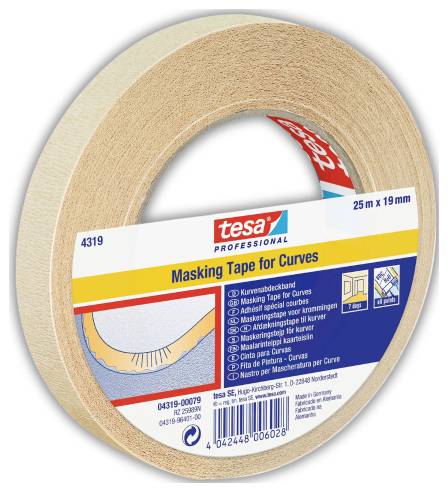 Egy tekercs tesa Professional kíméletes festőszalag görbékhez, 25 m x 19 mm felirattal, csomagolásával együtt fehér háttéren bemutatva.