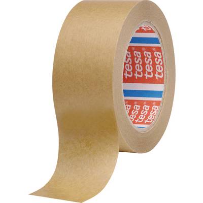 Egy barna ragasztó szalag tekercs, amelynek egy csíkja részben le van tekerve, és a belső mag piros és fehér szövegével az márkanév látható.
