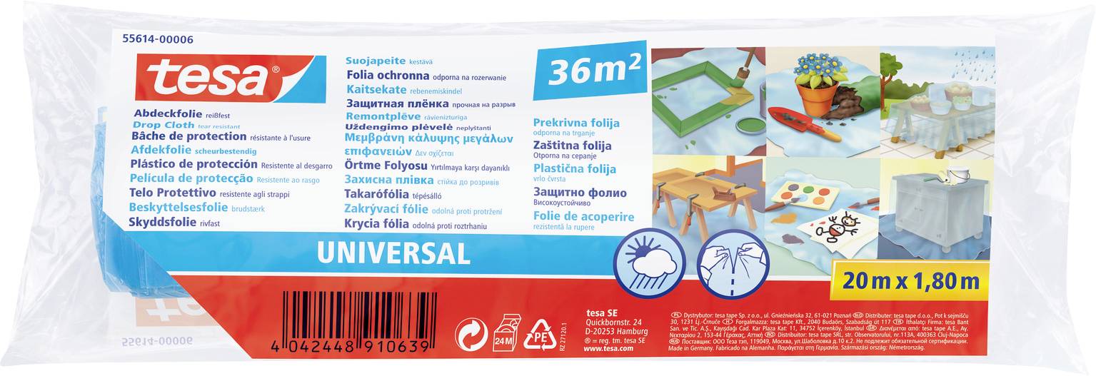 Az 'tesa UNIVERSAL' védelmi fólia csomagolása, 36m² méretben, alkalmazási képeket mutatva, például festést és bútorok ablakolását, kék és piros dizájnnal.