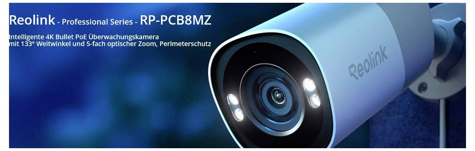 Intelligens 4K PoE golyó alakú biztonsági kamera, 133°-os széles látószög, 5x optikai zoom, kerületvédelem. Modell: RP-PCB8MZ.