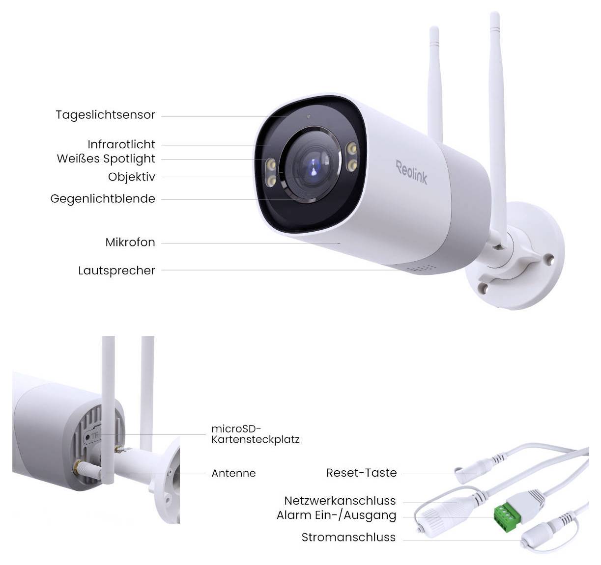 Infravörös reflektorral rendelkező felügyeleti kamera, mikrofonnal, hangszóróval és több csatlakozóval. Nappali fényérzékelőt és antennákat is mutat.