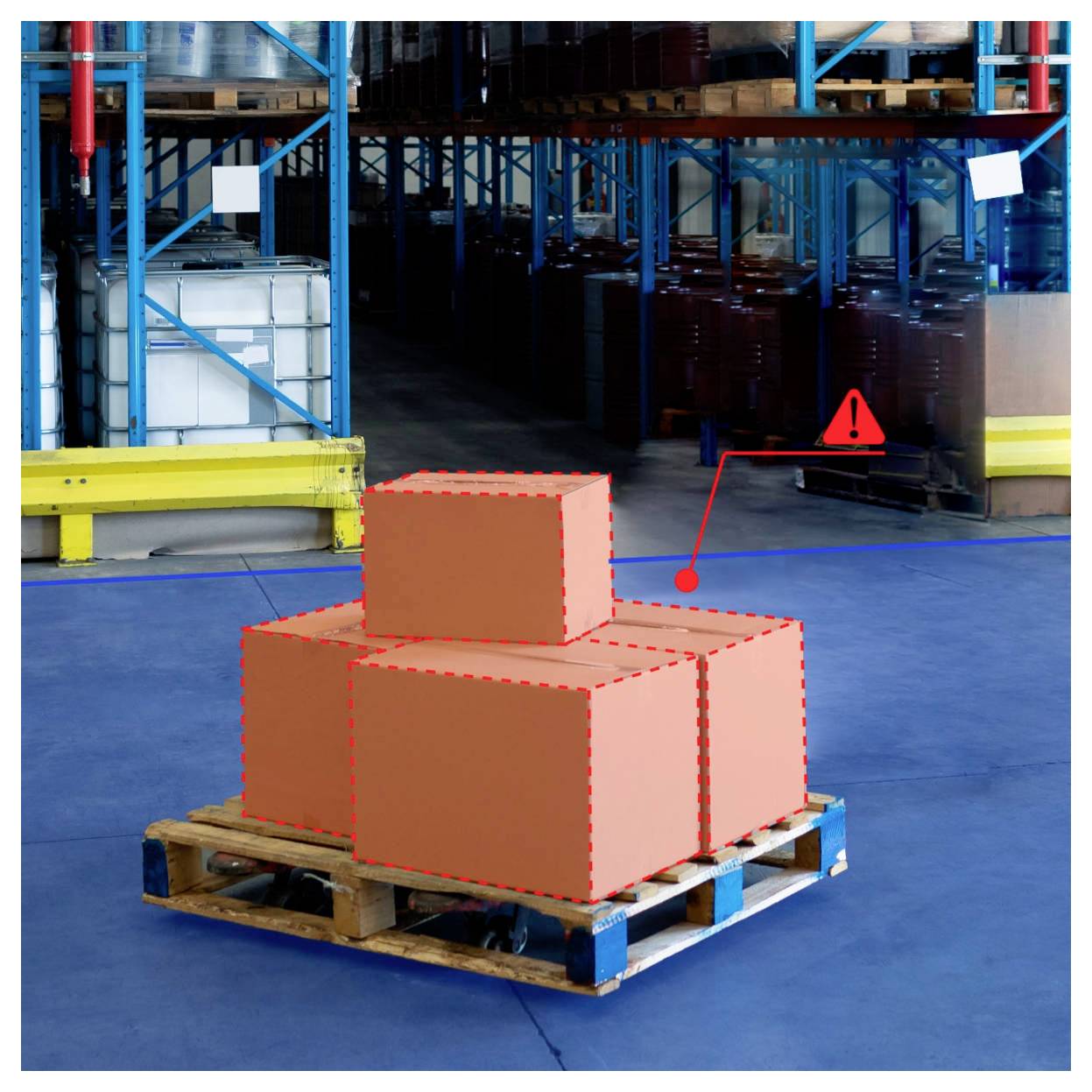 Három meghatározatlan doboz egymásra rakva, amelyet egy piros figyelmeztető háromszög és felkiáltójel emel ki, jelezve az óvatosságot egy raktári környezetben.