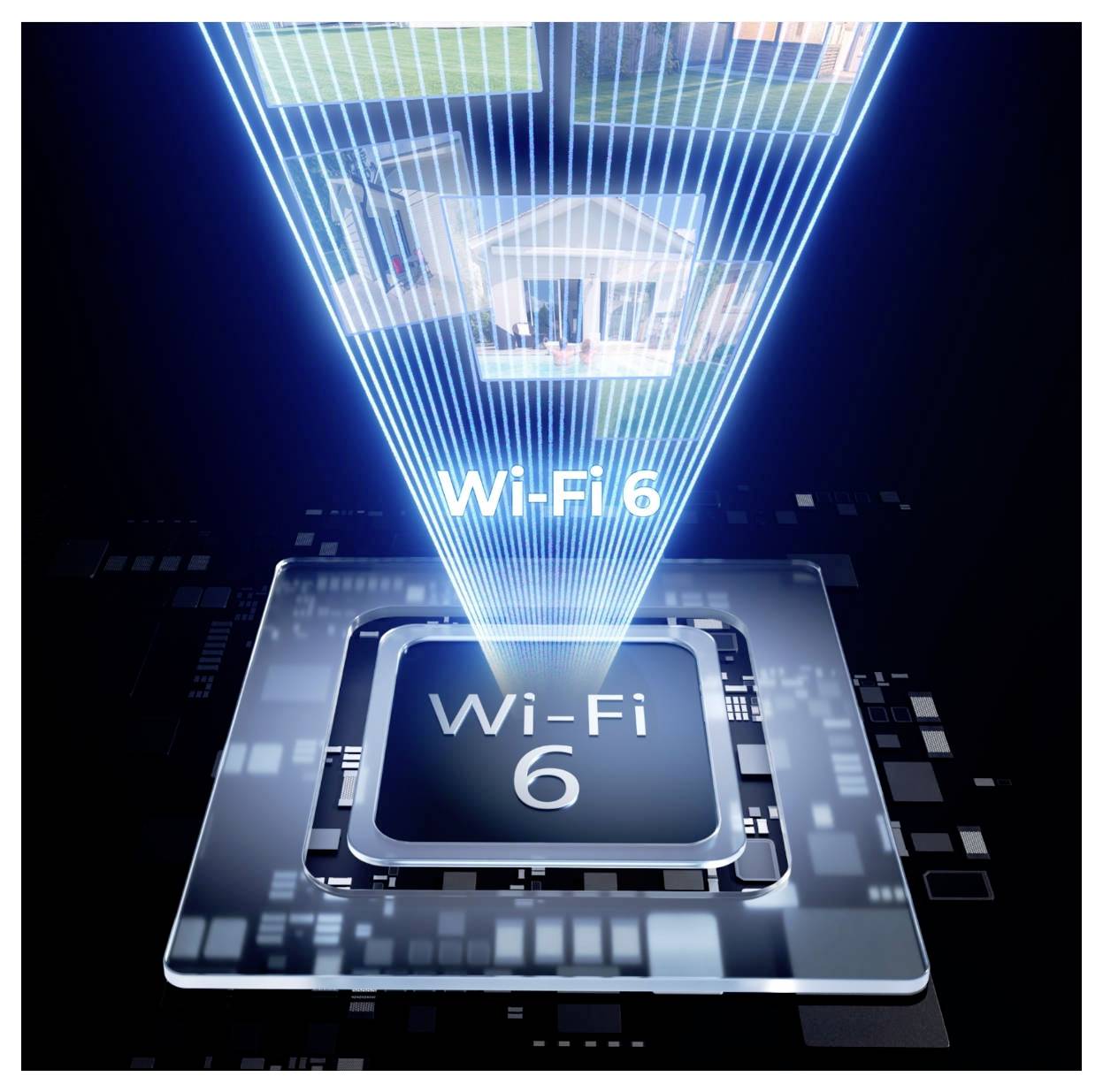 Számítógépes chip, amelyből fénysugarak áradnak ki, "Wi-Fi 6" felirattal, amely a javított csatlakozási képességet és gyorsabb internetsebesség szimbolizálja.