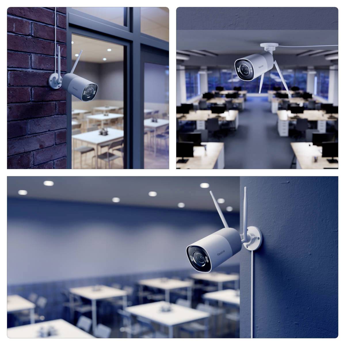 Három kép biztonsági kamerákat mutat, amelyek beltérben és kültéren vannak elhelyezve, irodai és nyilvános tereket felügyelve, ezzel kiemelve a megfigyelés jelenlétét.