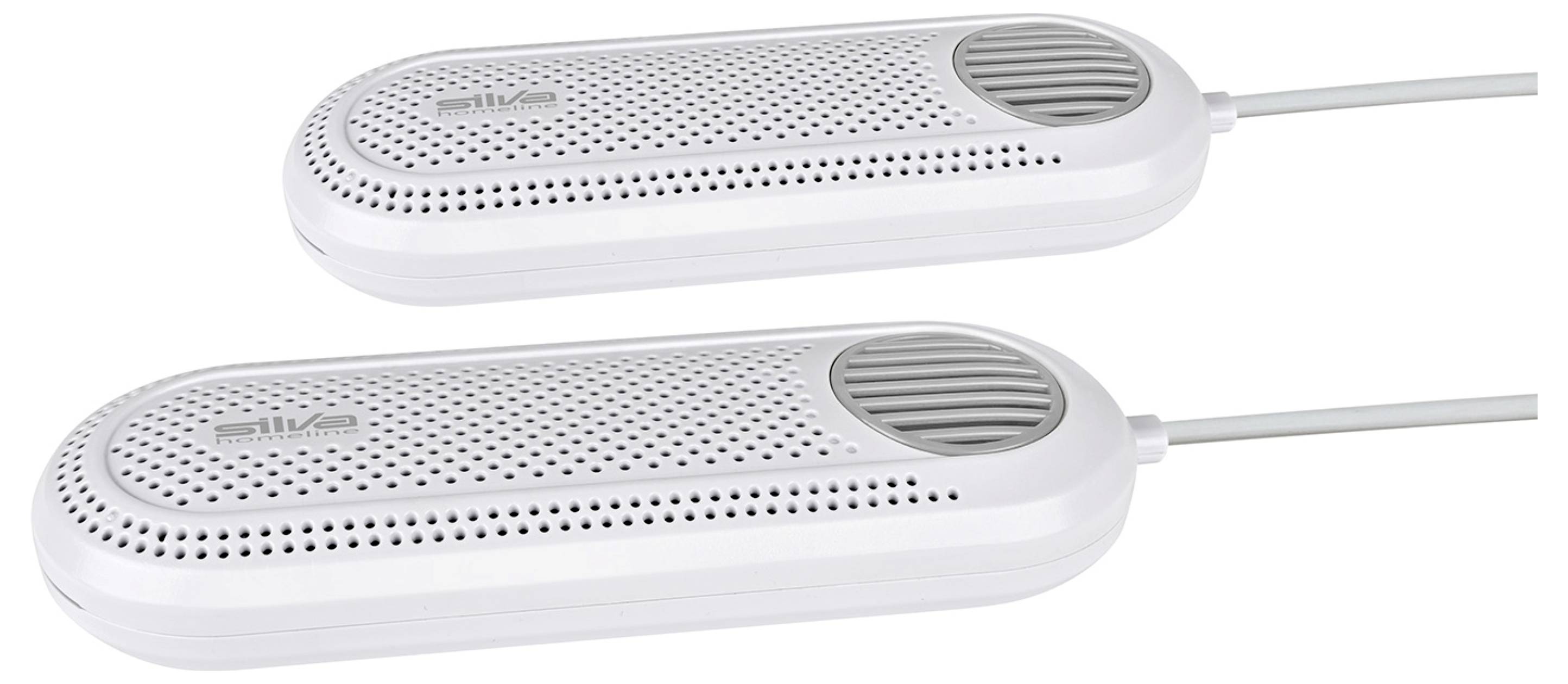 Két fehér cipőszárító, szellőzőnyílásokkal ellátott tetővel, zsinórral csatlakoztatva, egymás mellett fektetve, amelyeket a lábbeli nedvességének eltávolítására terveztek.