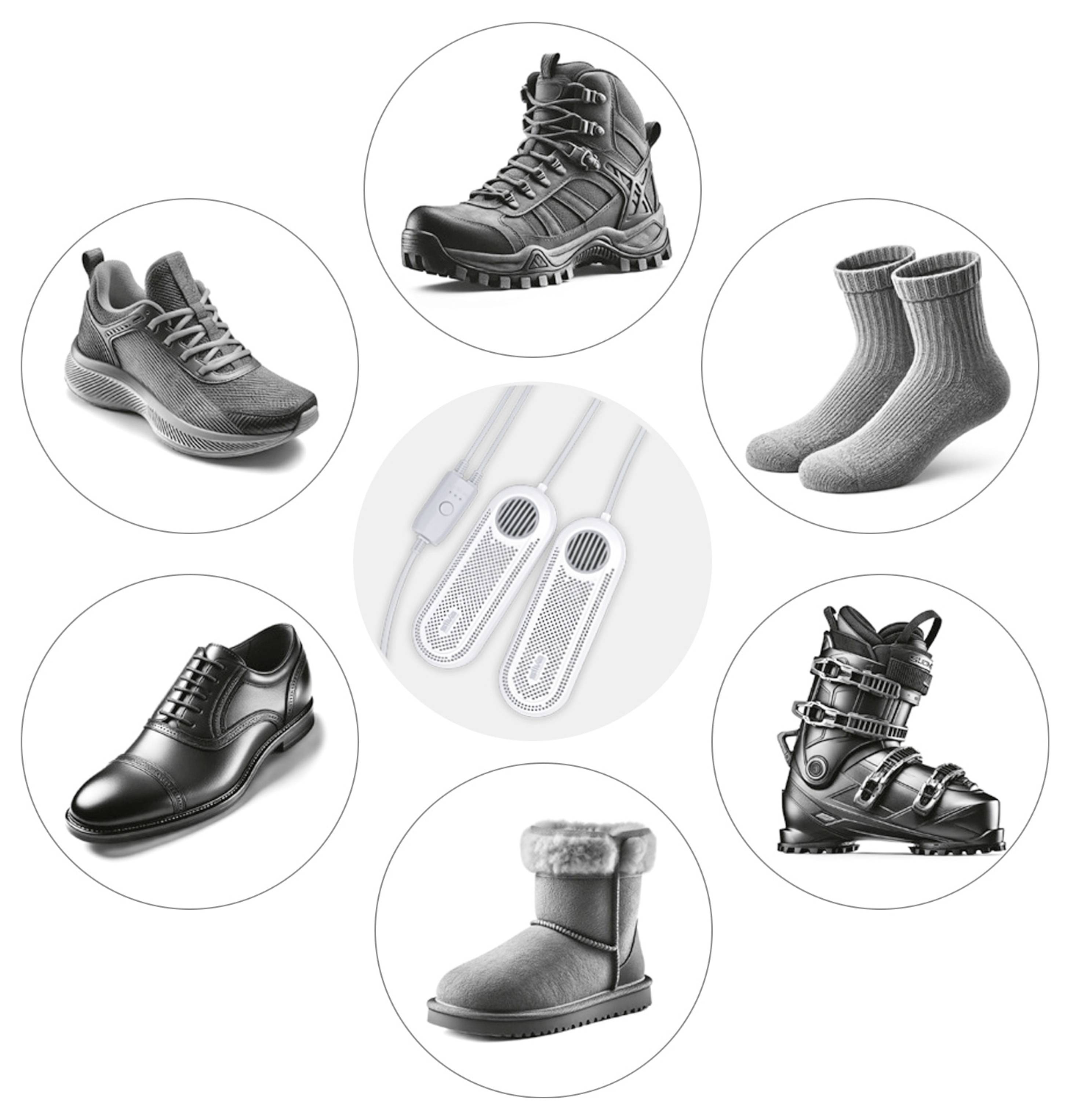 Egy kollázs, amelyen különböző lábbelik láthatók: sportcipők, túracipők, alkalmi cipők, téli csizmák, sítalpbetétek, gyapjú zoknik és elektromos talpbetétek.