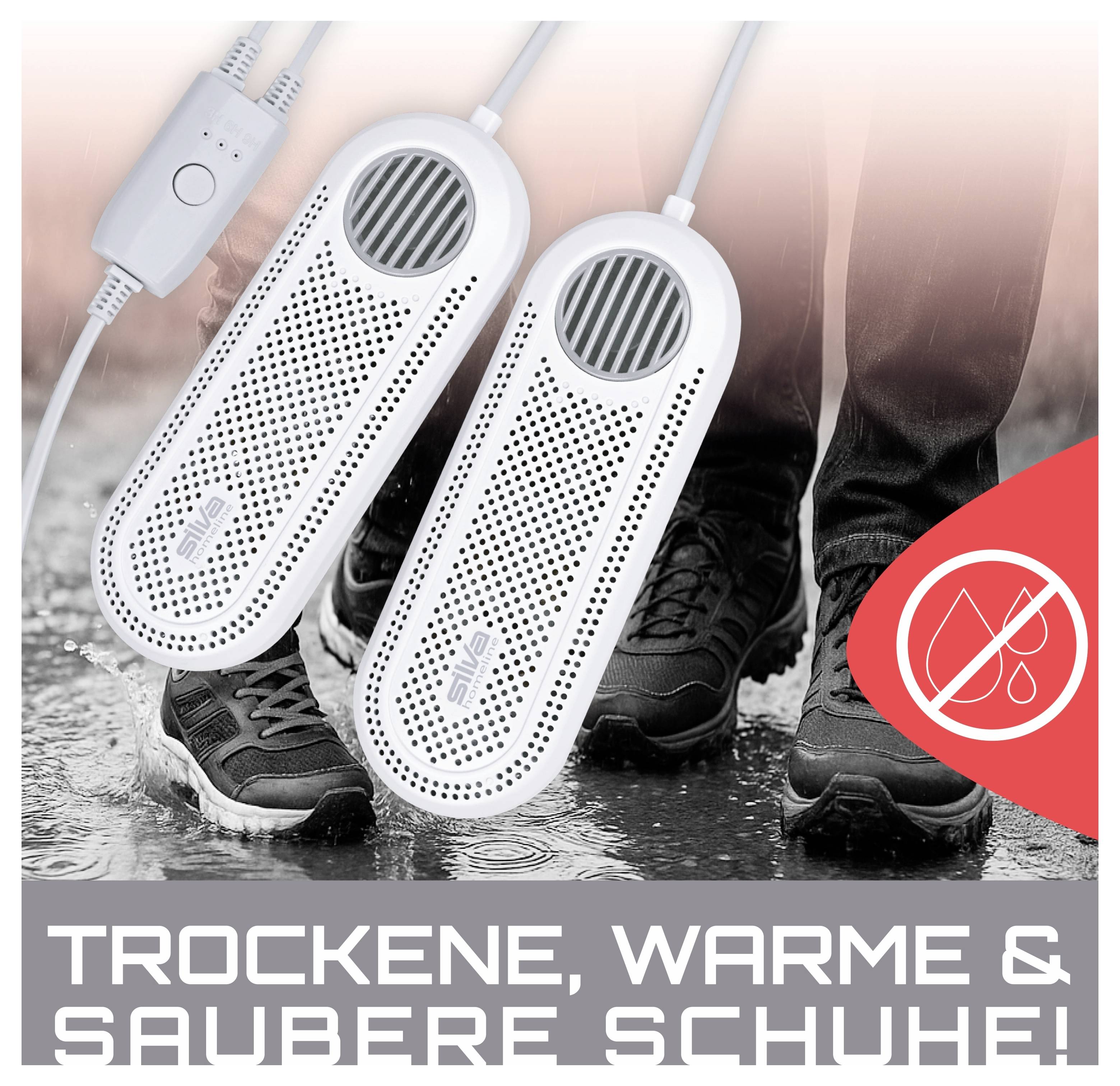Két fehér cipőszárító szürke háttér előtt, alatta egy pár nedves csizma egy tócsában. Szöveg: 'Száraz, meleg & tiszta cipők!'