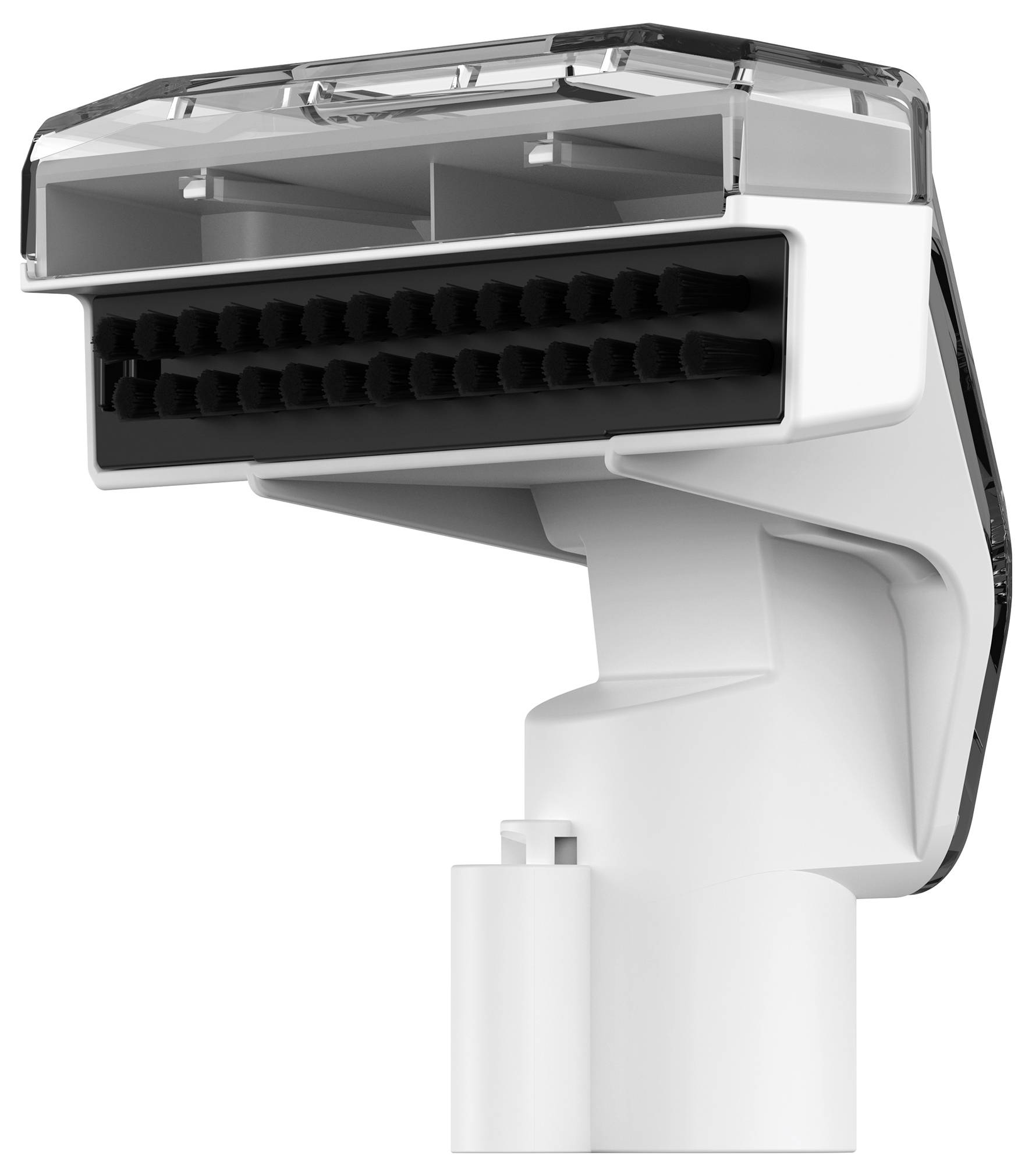 'Egy fehér porszívó tartozék kefés fejjel; felületek és kárpitok hatékony takarítására tervezve.'