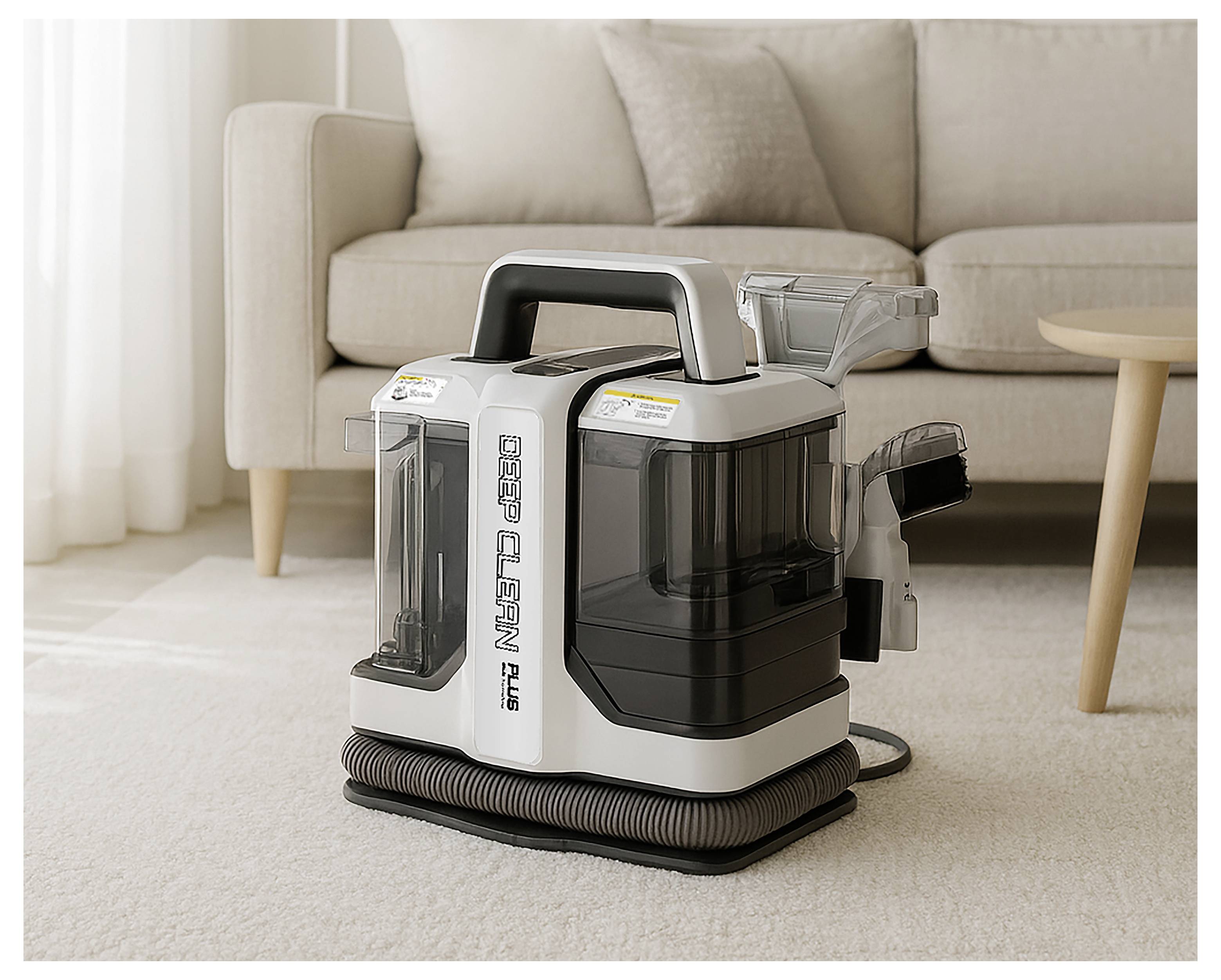 Egy hordozható mélytisztító porszívógép egy bézs szőnyegen, egy világosbarna kanapé és egy fa asztal közelében, egy hangulatos nappali környezetében.