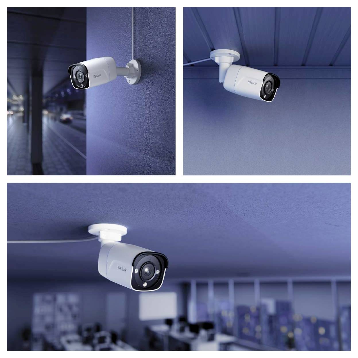 Három biztonsági kamera, egyenként falakon vagy mennyezeteken elhelyezve, különböző környezetekben, amelyek változatos szögekből és elrendezésekből mutatnak betekintést városi térségekbe.