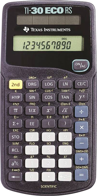 Egy tudományos számológép különböző matematikai funkciók gombjainak és egy olyan kijelzőnek a kombinációjával, amelyen a '1234567890' számjegyek láthatók.