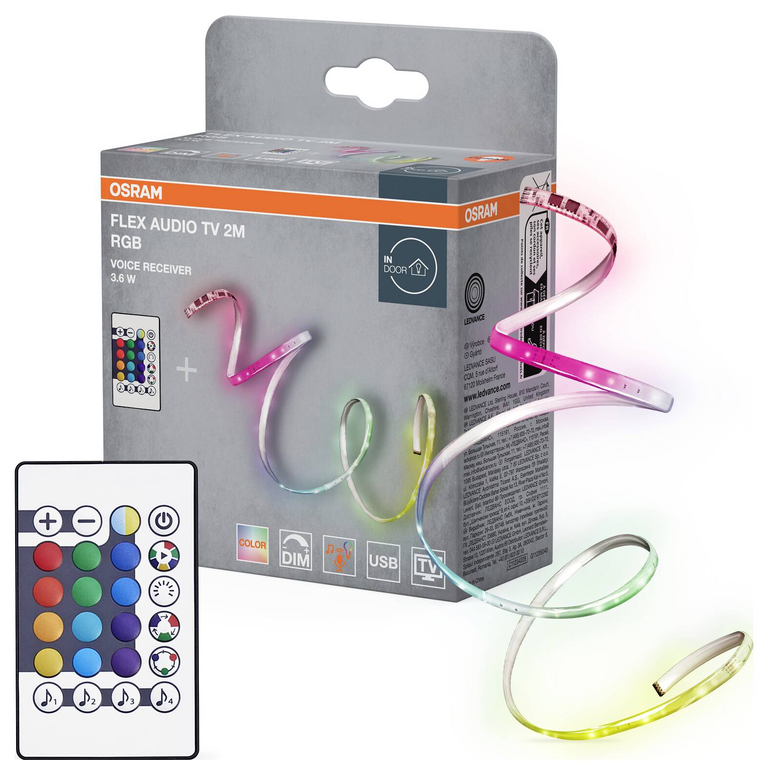 OSRAM Flex Audio TV 2m RGB fényszalag csomagolás. A doboz egy színes, rugalmas LED-szalagot és egy távirányítót mutat, amelyen különböző színbeállítások érhetők el.