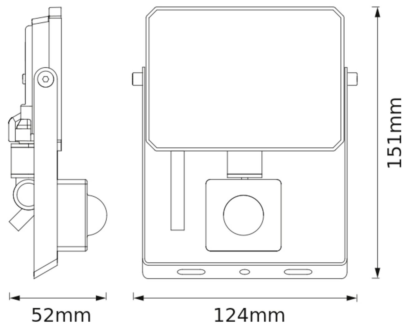 Diagram, amely egy készülék elölnézeti és oldalnézeti nézetét mutatja. Méretek: magasság 151 mm, szélesség 124 mm, mélység 52 mm.