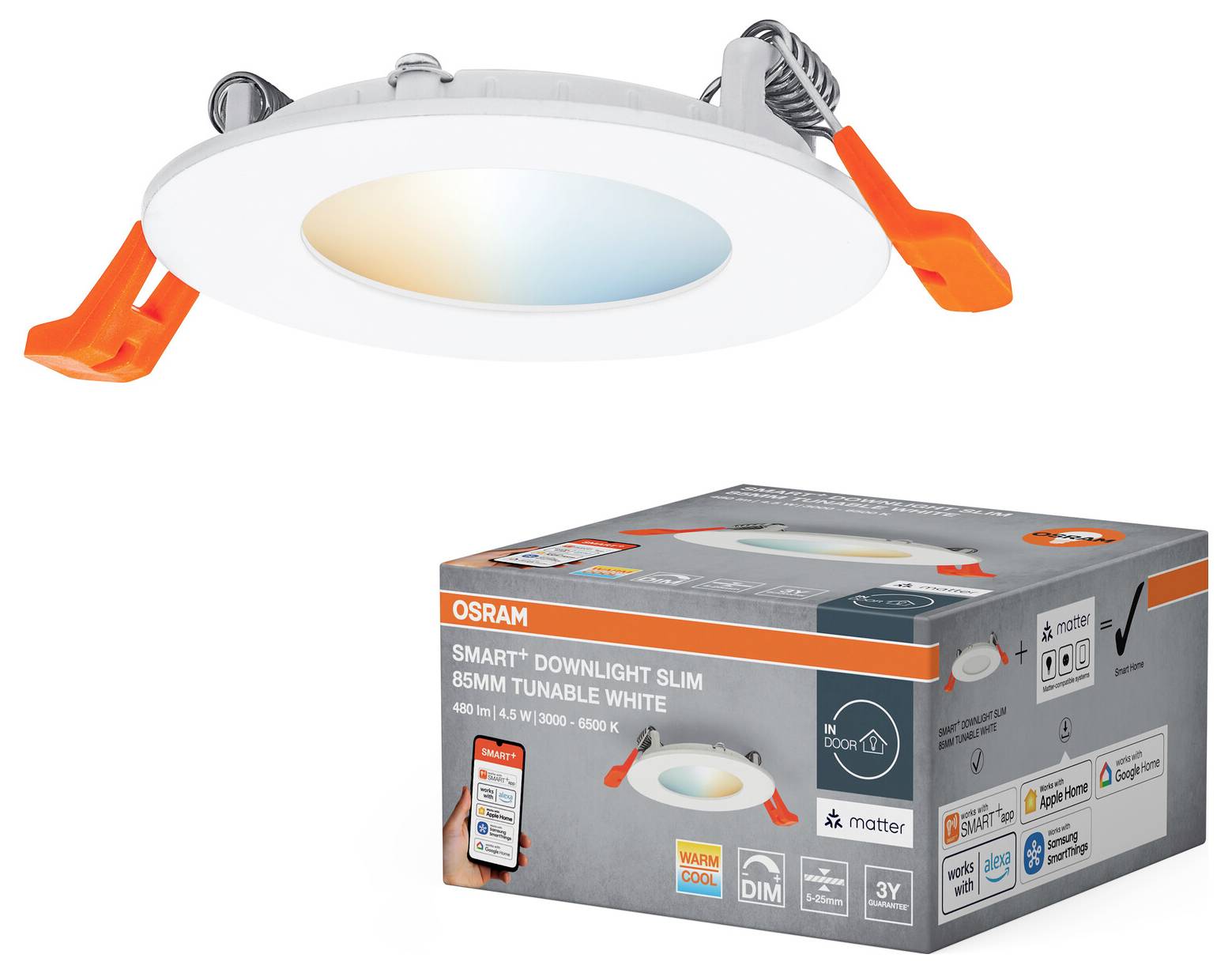 'OSRAM Smart+ Süllyesztett lámpa Slim, 85mm, hangolható fehér. Funkciók közé tartozik a fényerő-szabályozás, alkalmazásvezérlés kompatibilitás, 3 év garancia, 400 lumen.'