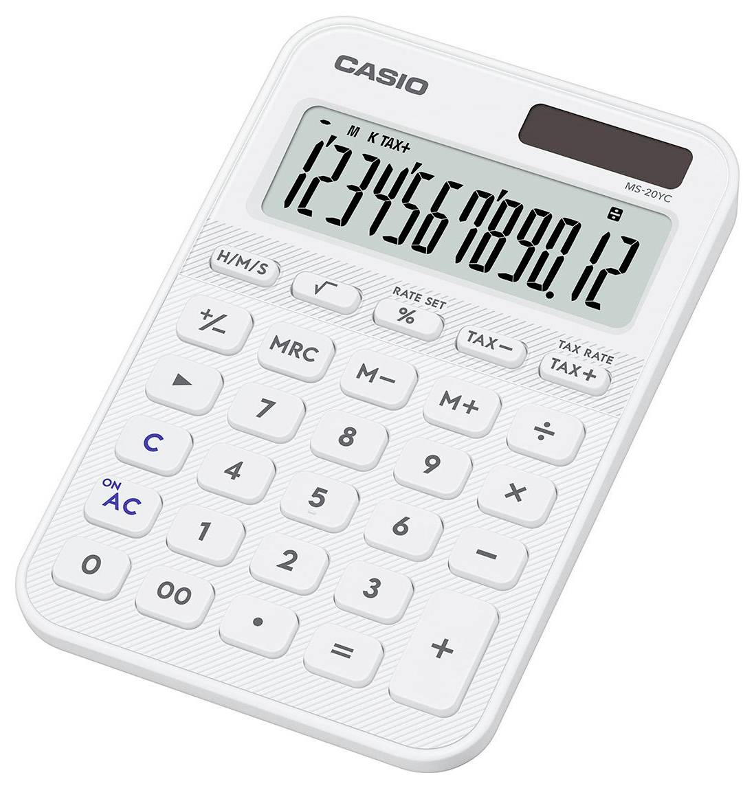 Egy fehér elektronikus számológép, amelynek képernyőjén a 1234567890,12 számok láthatók, és egy billentyűzettel rendelkezik szabványos matematikai funkciókkal.