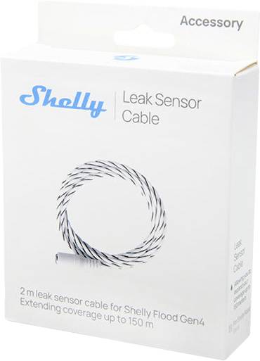 Doboz, amelyen a "Shelly Leak Sensor Cable" felirat látható. Jelzi, hogy 2 méteres kábel a Shelly Flood Gen4 eszközhöz. Akár 150 méterig kiterjeszti a lefedettséget. Fehér háttér.
