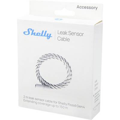 Doboz, amelyen a "Shelly Leak Sensor Cable" felirat látható. Jelzi, hogy 2 méteres kábel a Shelly Flood Gen4 eszközhöz. Akár 150 méterig kiterjeszti a lefedettséget. Fehér háttér.