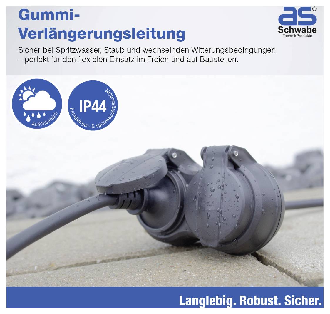 Egy fekete gumibevonatú hosszabbító kábel, IP44-es védelmi besorolással, szabadtéri használatra, amely kiemeli tartósságát és biztonságát víz és por ellen.