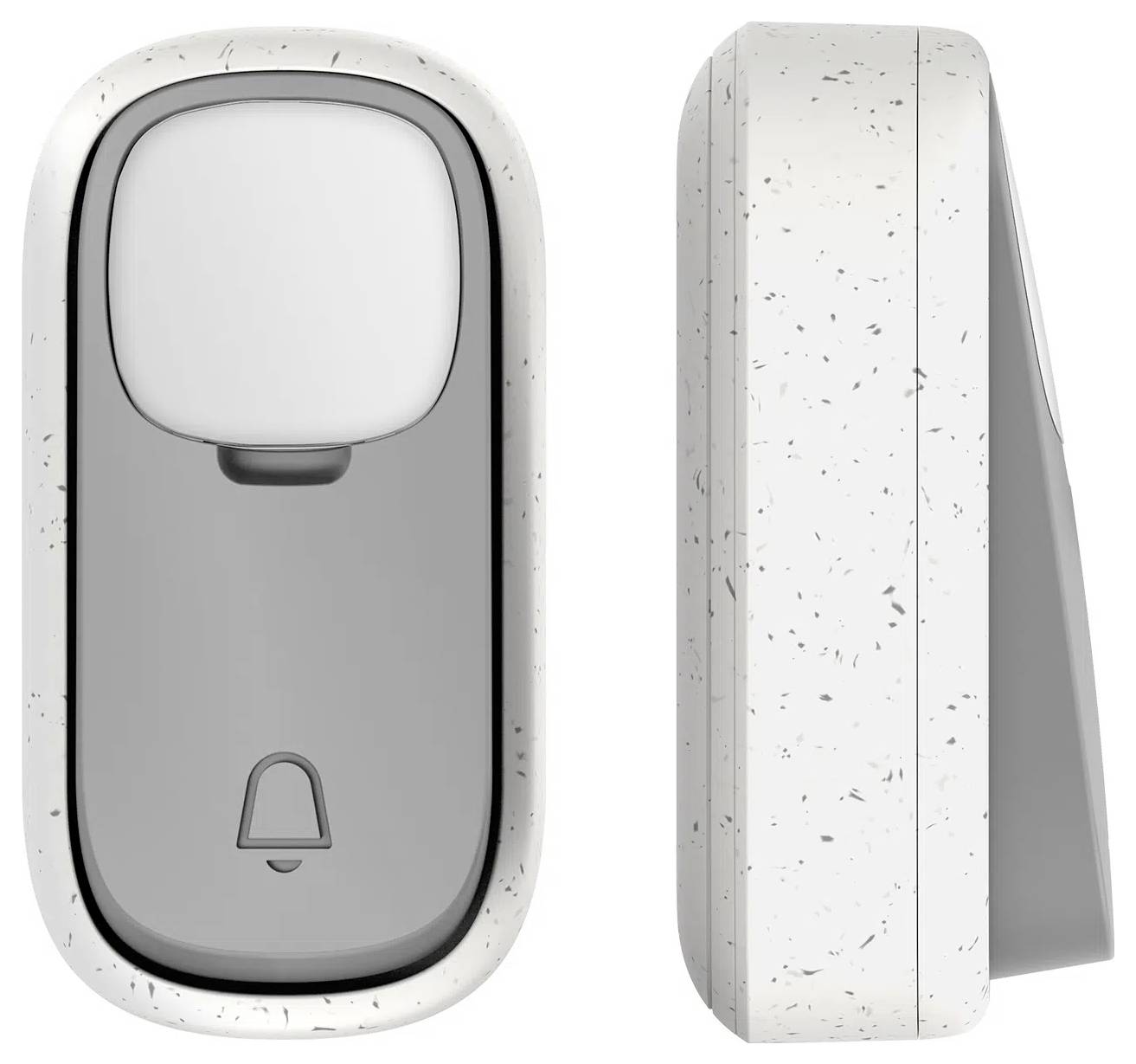 Egy fehér és szürke csengő látható elölnézeti és oldalnézeti képen, amelynek felülete márványszerűen tarkázott. A gomb egy egyszerű harang ikont tartalmaz.