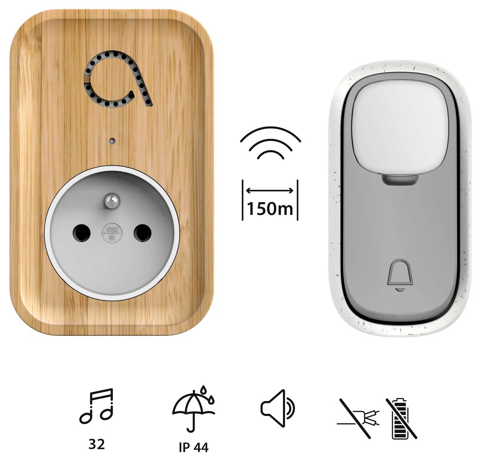 'Vezeték nélküli Csengő Szett': Egy fa aljzat és egy szürke csengőgomb. Hatótáv 150m. Jellemzők: 32 hangjelzés, fröccsenésvédett (IP44), állítható hangerő, elem nélküli.