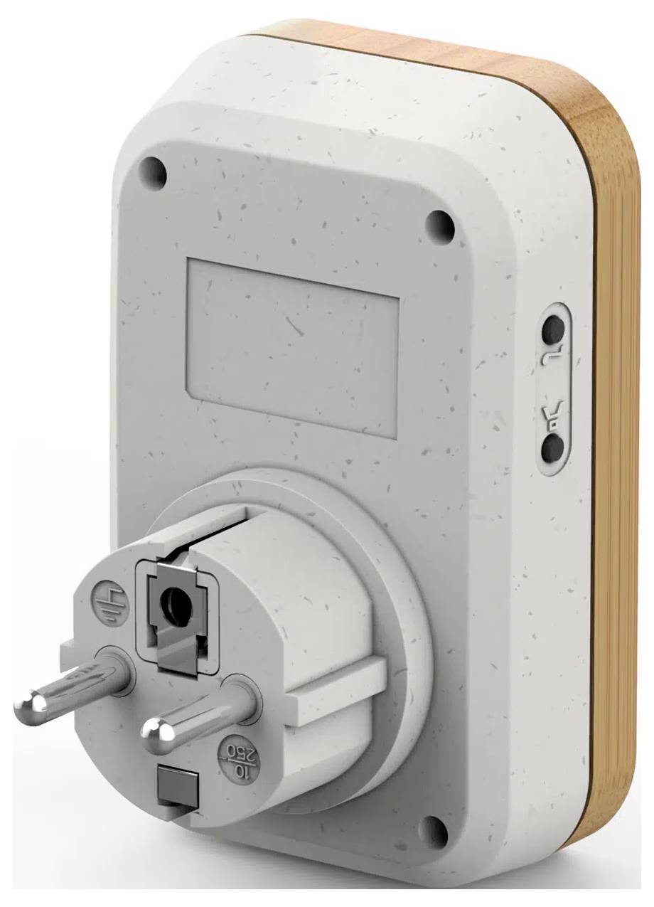 Egy intelligens dugalj európai típusú csatlakozókkal, digitális kijelzővel és oldalsó csatlakozógombokkal otthoni automatizáláshoz.