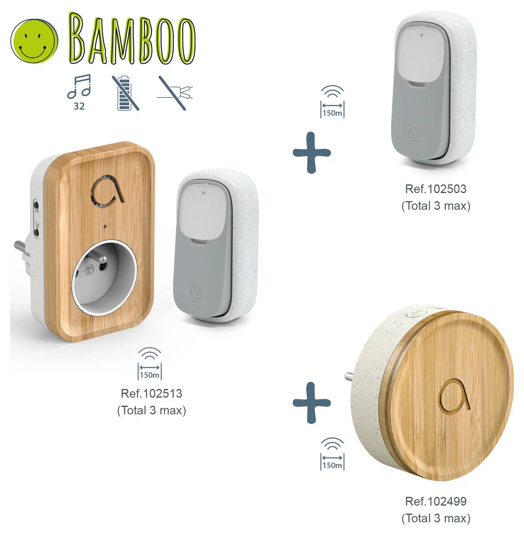 "Bamboo" otthoni csengő és dugvillás készlet 150 m-es hatótávolsággal. Modellek: Ref.102513, Ref.102503, Ref.102499. Jellemzők: 32 dallam, állítható hangerő.