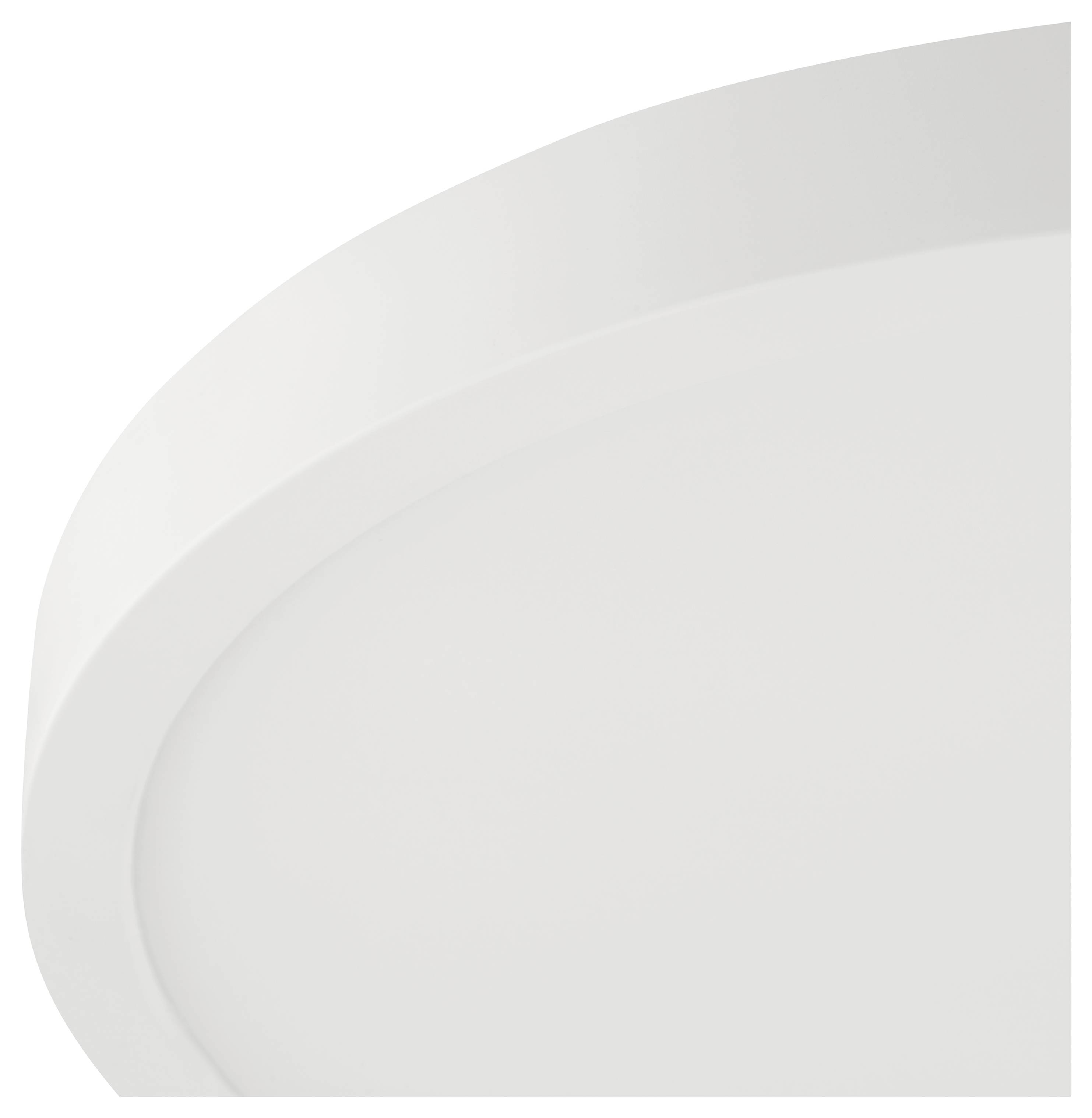 Közelről egy modern, kerek fehér LED-es mennyezeti lámpa, letisztult, minimalista formatervezéssel.
