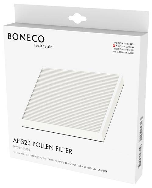 "BONECO healthy air" AH320 pollenszűrő csomagolás, amely egy fehér, bordázott szűrőt mutat "HYBRID H320" felirattal, kiemelve az allergén szűrést.