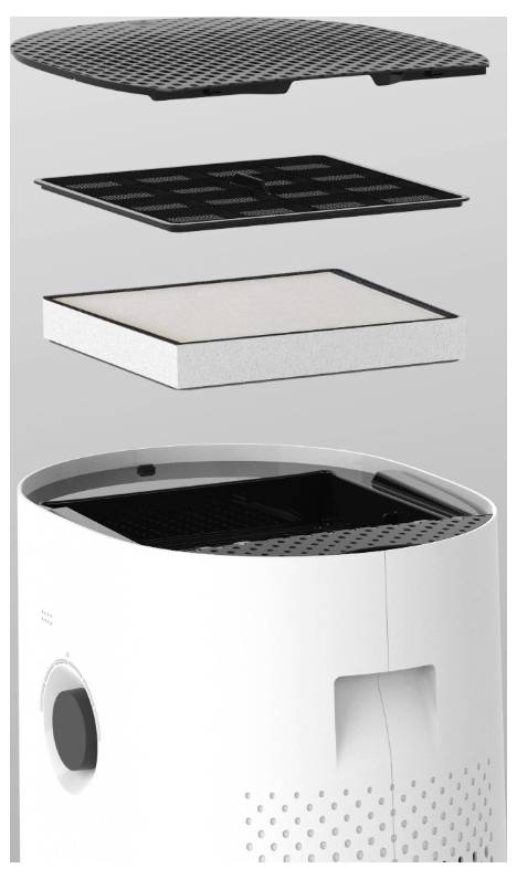 Egy légionőító szétszedett nézete három réteget mutat: egy fekete felső szűrő, egy fekete hálós szűrő és egy fehér HEPA szűrő az eszköz felett.