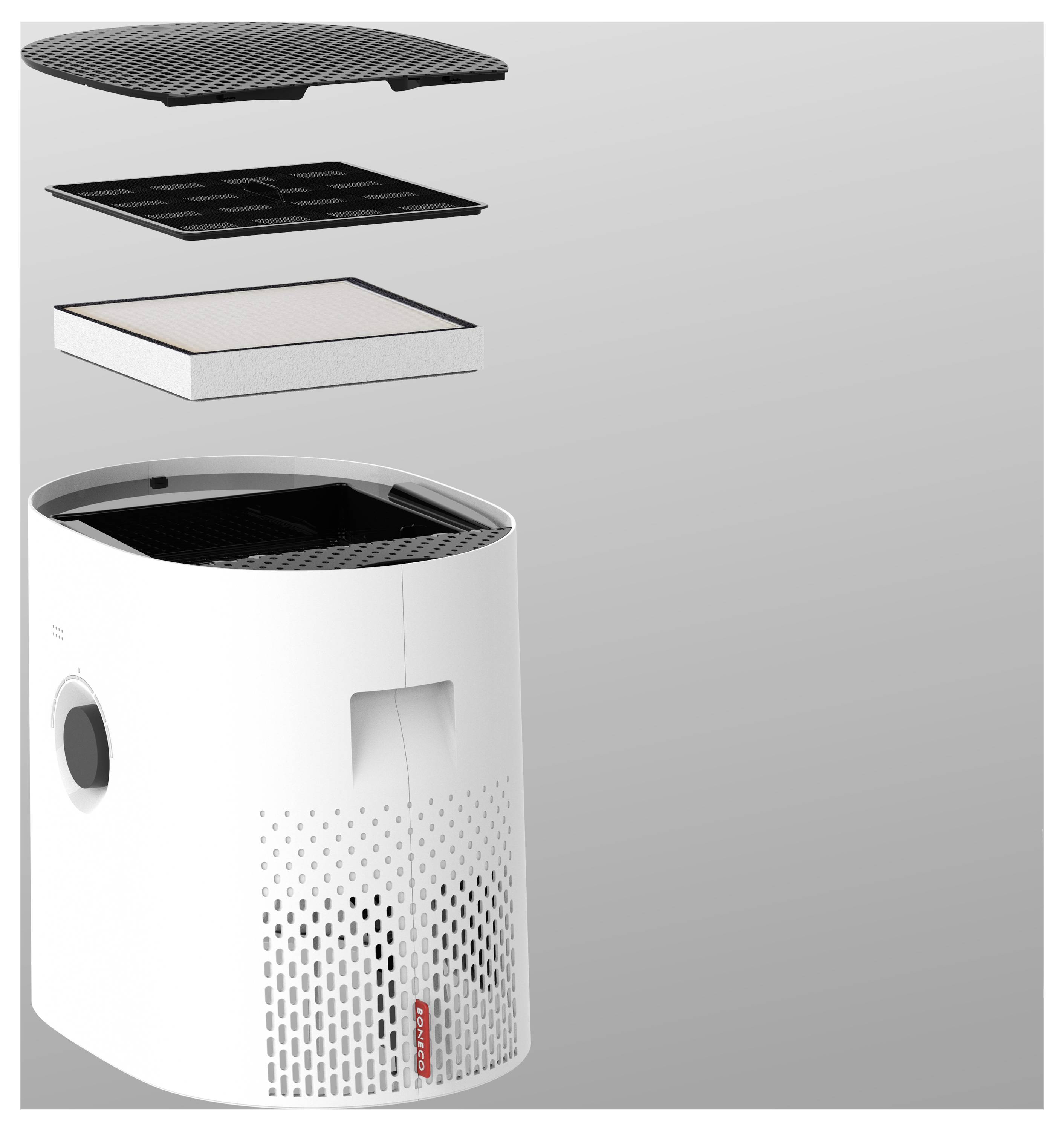 'Egy szétszedett légszűrő képe, amely egy fehér hengeres alapból és három fölötte elhelyezkedő szűrőből áll: egy fehér HEPA szűrő, fekete szénszűrő és egy fekete előszűrő rács.'