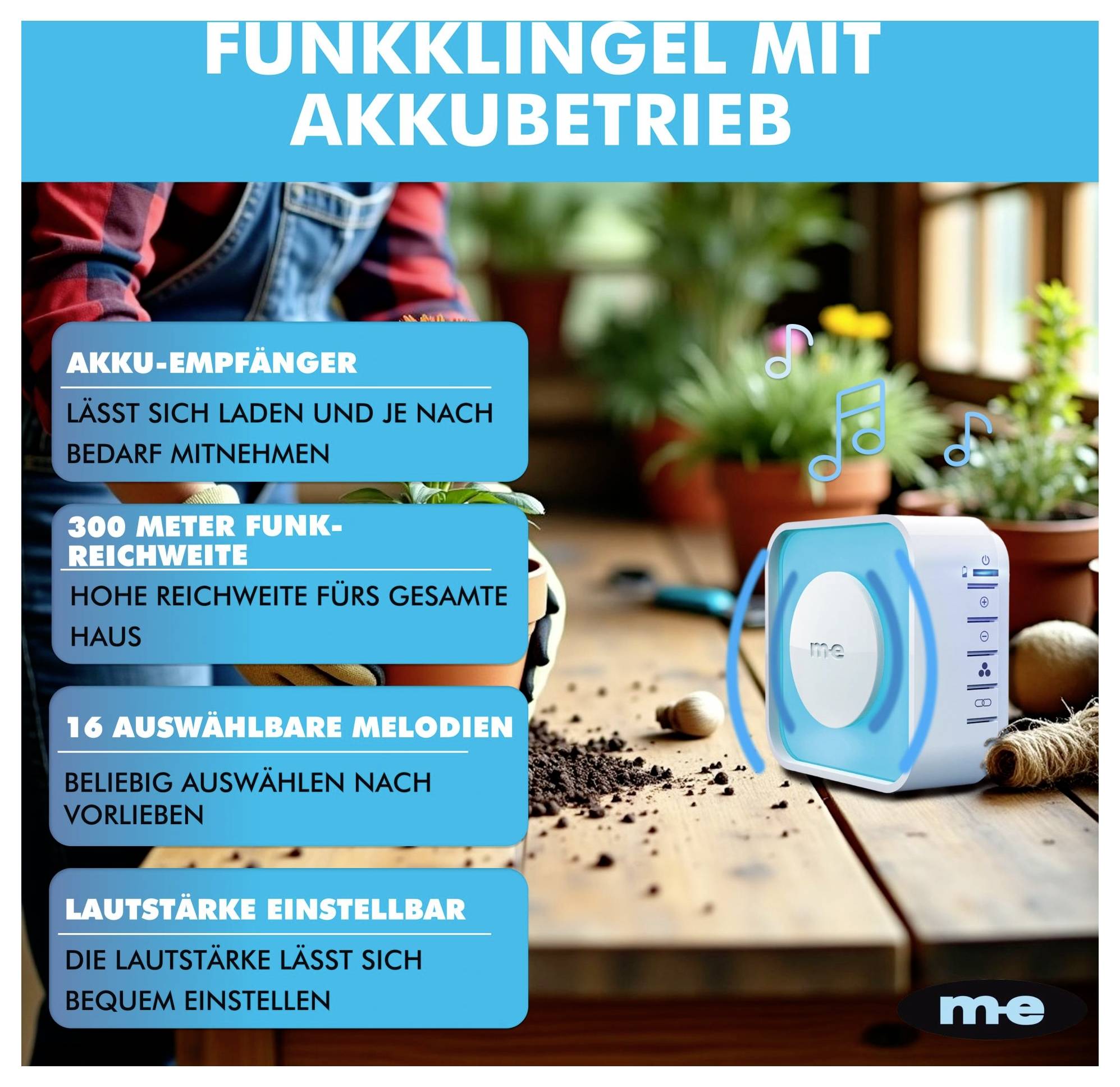 Akkumulátoros rádiós csengő egy asztalon. Szövegdobozok írják le az akkumulátoros működést, 300 méter hatótávolságot, 16 dallamot, állítható hangerőt.