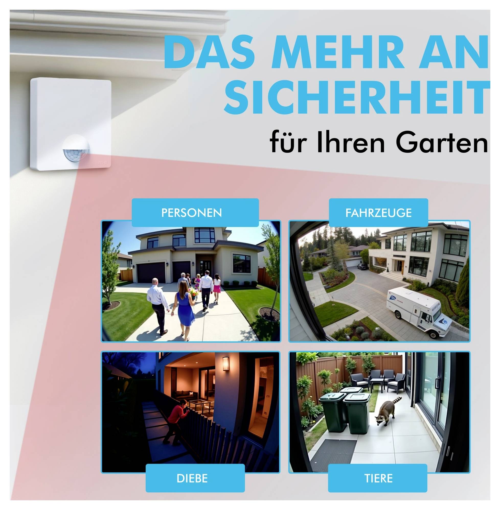 'Több biztonság a kertjének' fotók által: Személyek a ház előtt, jármű az udvarban, betörő, állat a kukáknál.