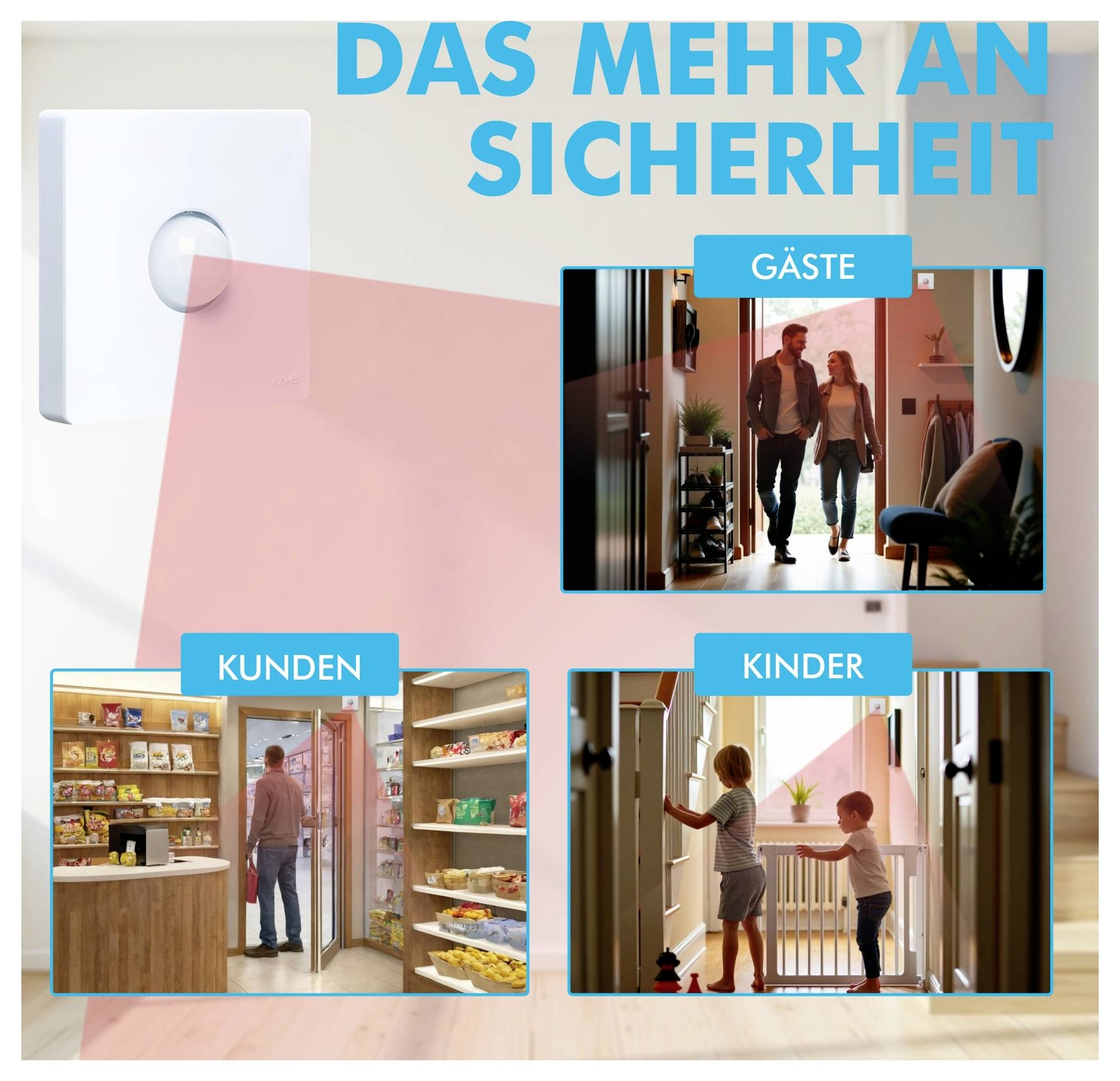 Egy biztonsági eszköz felhasználási módjait mutatja: Vendégek és gyerekek belépése otthonokba, és vásárlók egy boltban. Német szöveg a tetején.