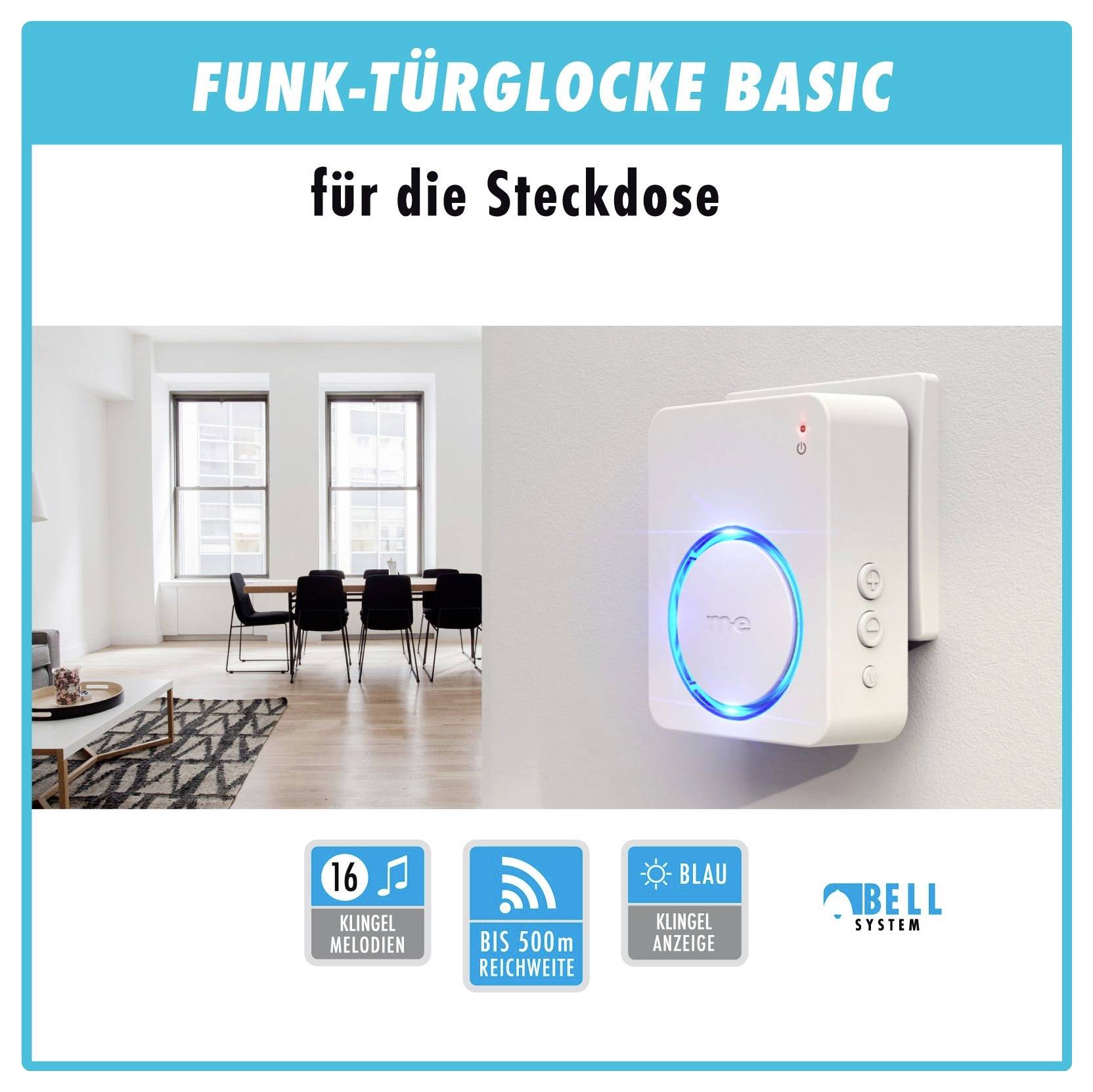 Egy beépíthető csengő modern nappaliban kijelezve, kék LED világítással, 16 csengőhang dallammal és 500m hatótávolsággal.