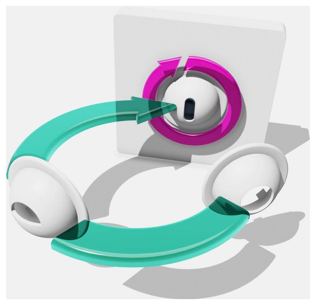 Egy 3D modell, amely egy forgózár mechanizmusát mutatja be: egy rózsaszín és zöld kettős nyíl elrendezés, amely a zárás és nyitás irányait jelzi.