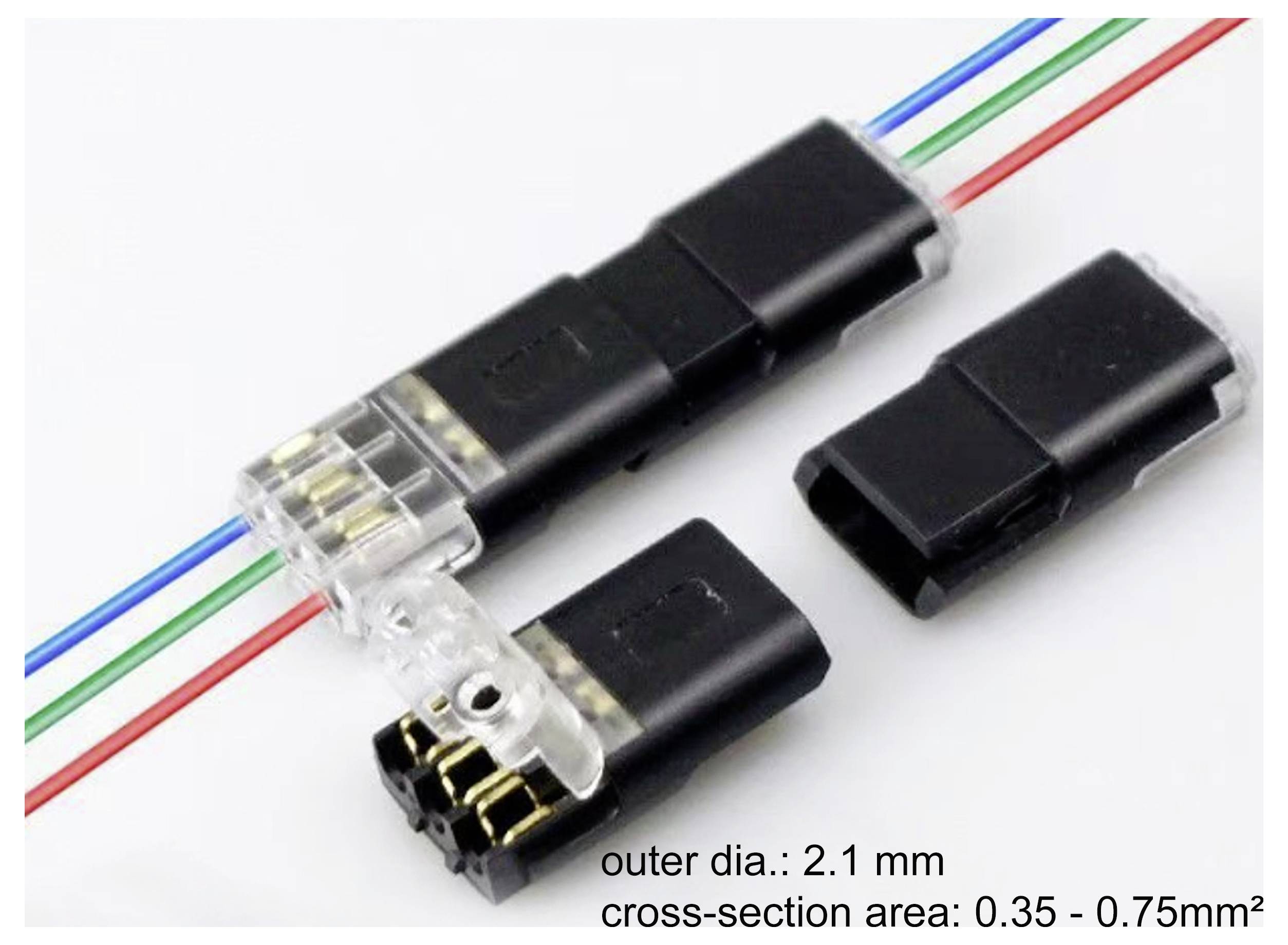 Három fekete elektromos csatlakozó színes vezetékekkel (kék, zöld, piros) látható. A szöveg így szól: "külső átmérő: 2,1 mm, keresztmetszeti terület: 0,35 - 0,75mm²".