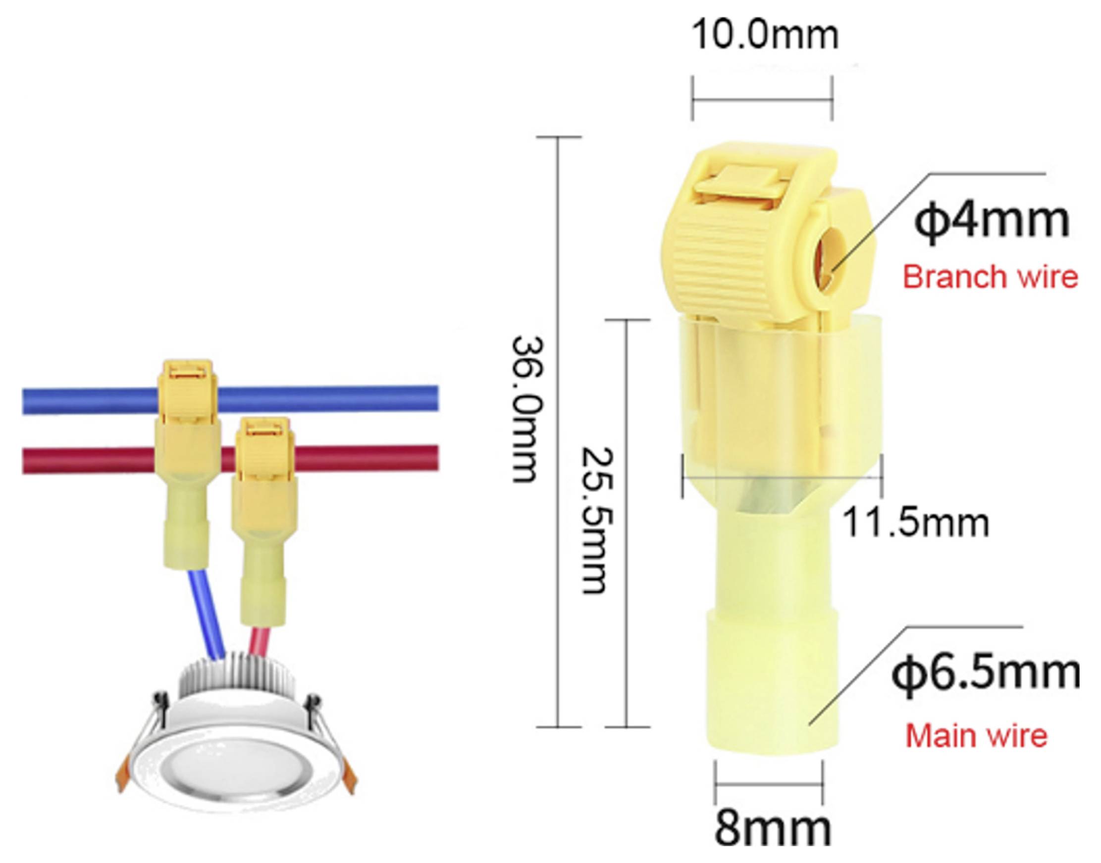 Szövetkezeti diagram, amely a mennyezeti lámpák vezetékcsatlakozóját mutatja, a fővezték átmérője 6,5 mm, a elágazó vezeték átmérője 4 mm.