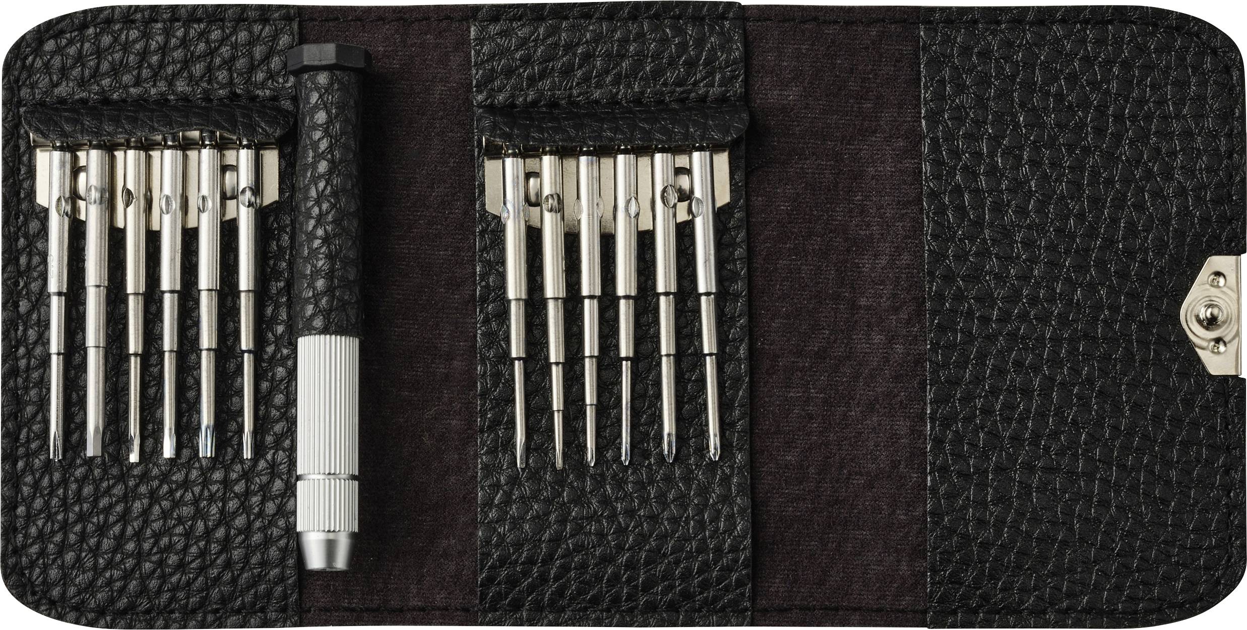 Fekete bőr szerszámtáska, amely precíziós csavarhúzók gondosan elrendezett gyűjteményét tartalmazza, különféle méretekkel és típusokkal.