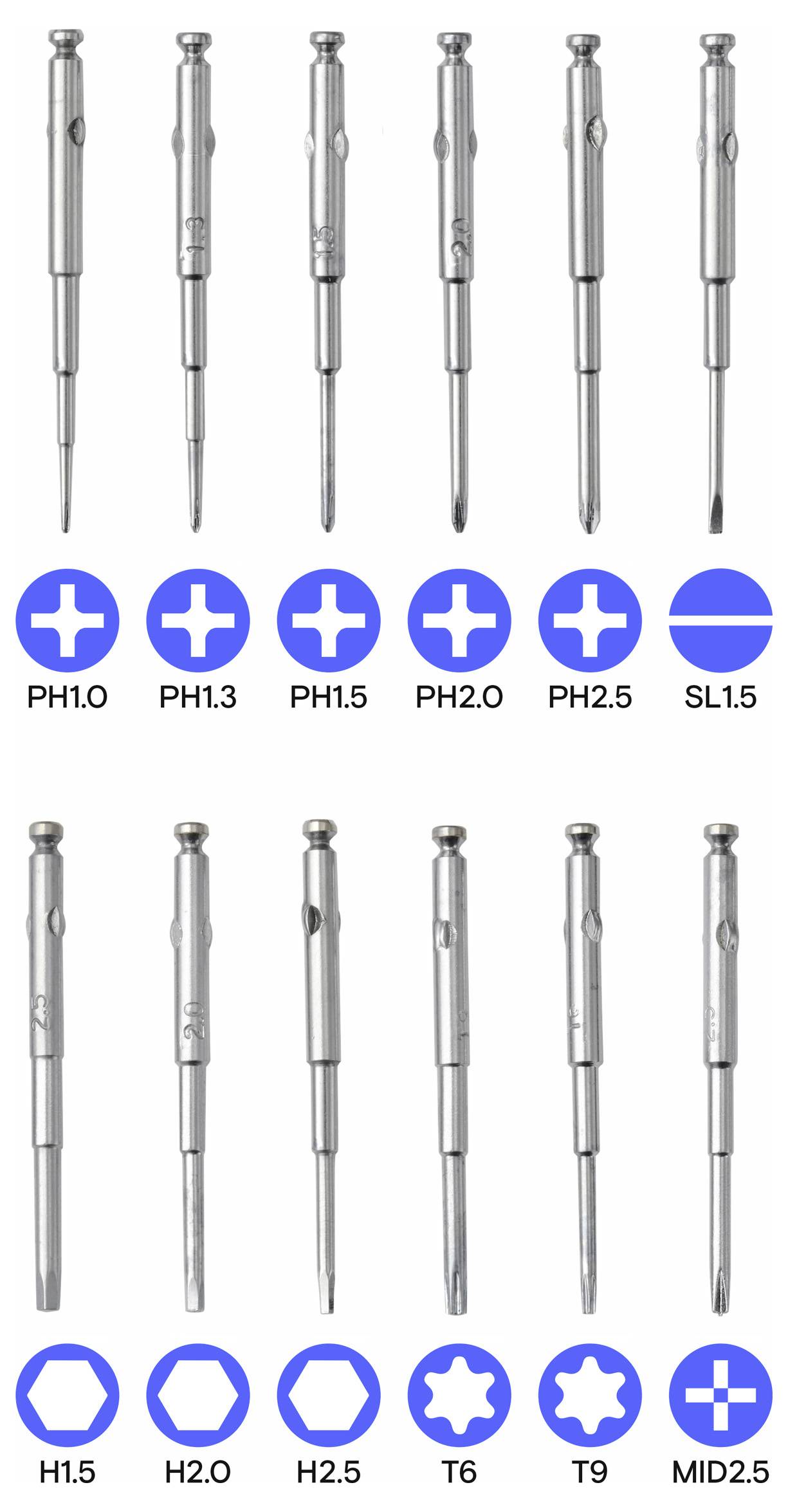 Tizenhárom precíziós csavarhúzó csapok: felső sor Phillips és hornyos csavarokhoz (PH1.0 től SL1.5 ig), alsó sor hatszögletű és Torx csavarokhoz (H1.5 től T9 ig).