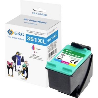 A kép egy G&G 351XL tintapatront mutat, amely kompatibilis különböző Canon nyomtatókkal. A doboz rajzolt pingvineket ábrázol.